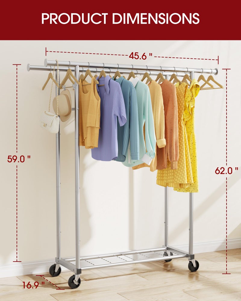 Sakugi Mobile Double Rod Clothes Rack, Freestanding Garment Organizer with Medium Load Capacity and Bottom Storage Shelf for Home Use,Silver - Image 2