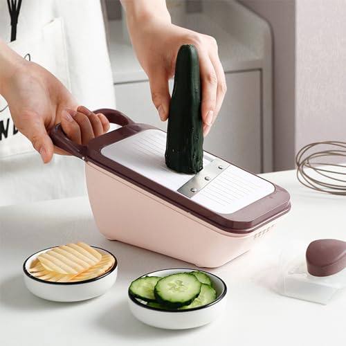 Mockery Slicer for 5 in 1 Kitchen Mandolin Slicing Tool Vegetable Slicer Cutter Chopper Grater Slicers for Fruits Vegetables Julienne Carrot Cucumber Sweet Potato Chip Slicer Thin Veggie Spiralizer (Pink) - Image 2