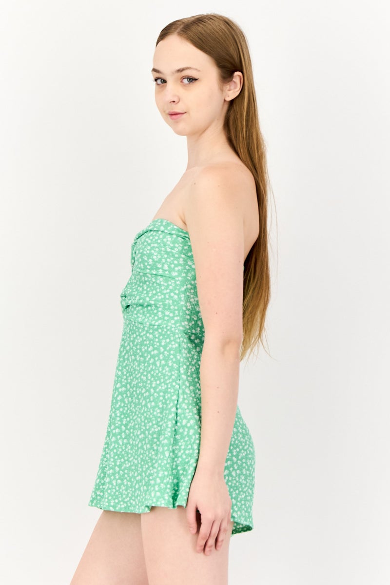 emerald green formal dress for wedding guest BERSHKA. Short satin floral dress. TM – Hibuy market main image 0