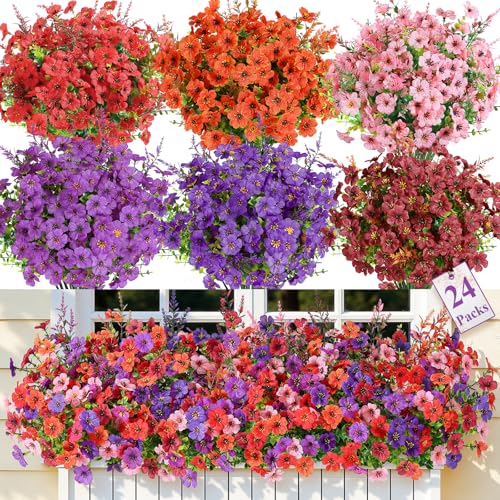 SHareconn 24 Bundles Artificial Flowers for Outdoors Decoration Faux Plants Fake Silk Colorful Daisy Eucalyptus Lavender UV Resistant for Outside Home Porch Indoor Spring Decor 6 Colors incl Brown - Image 1