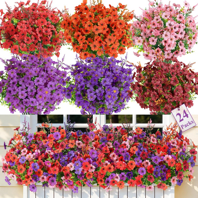 SHareconn 24 Bundles Artificial Flowers for Outdoors Decoration Faux Plants Fake Silk Colorful Daisy Eucalyptus Lavender UV Resistant for Outside Home Porch Indoor Spring Decor 6 Colors incl Brown - Image 2