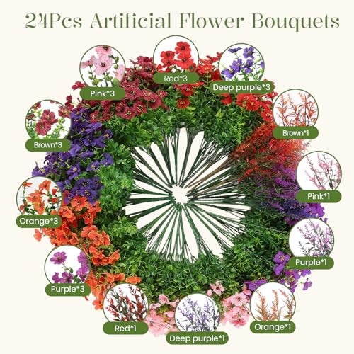 SHareconn 24 Bundles Artificial Flowers for Outdoors Decoration Faux Plants Fake Silk Colorful Daisy Eucalyptus Lavender UV Resistant for Outside Home Porch Indoor Spring Decor 6 Colors incl Brown - Image 3