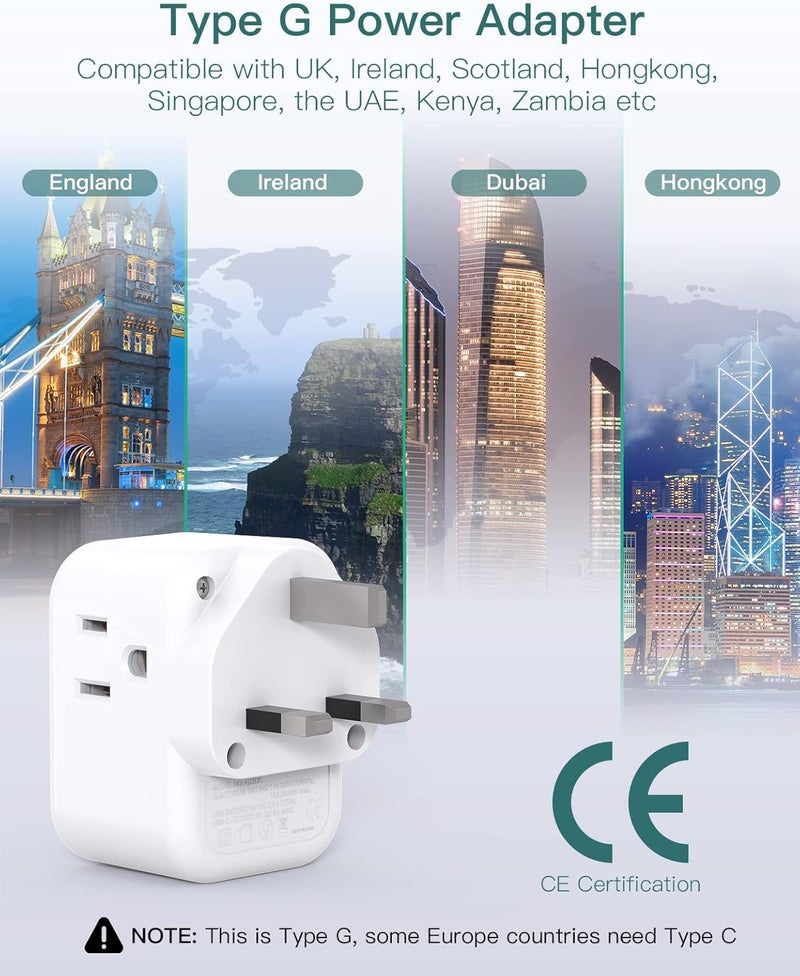 Addtam US to UK Ireland Plug Adapter, Type G Power Adapter with 3 AC Outlets and 3 USB(1 USB C), Travel Essentials for USA to Dubai Scotland British London England Hong Kong Irish - Image 4