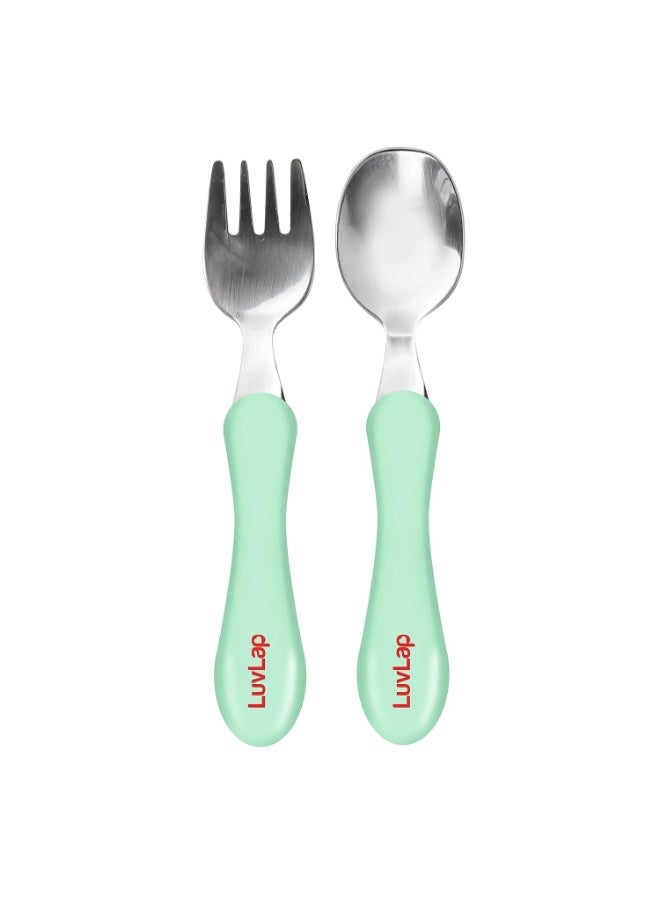 LuvLap Premium Stainless Steel Baby Spoon & Fork Set for Baby Feeding, Stainless Steel Spoonand Fork Set, Food Grade PP Spoon, BPA Free Feeding Spoon for Kids of 12+ Months (mint green) - Image 1