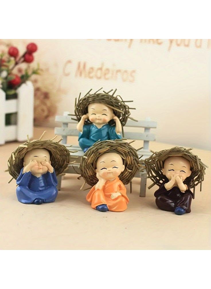 RAJWILA STORE RAJWAIL Store Think No Evil Speak No Evil Hear No Evil See No Evil Baby Monk Buddha Statue with Hat Set of 4 Decorative Showpiece for car Dashboard Home Office Decor Gift Purpose  - Image 1