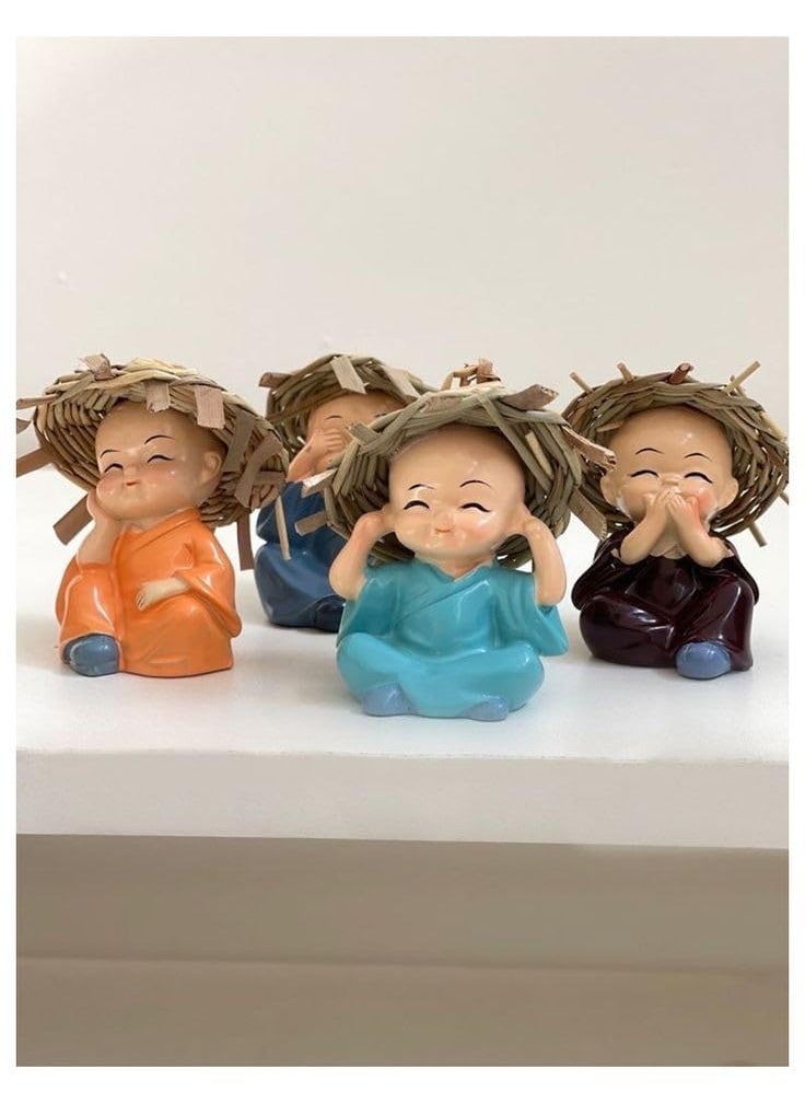 RAJWILA STORE RAJWAIL Store Think No Evil Speak No Evil Hear No Evil See No Evil Baby Monk Buddha Statue with Hat Set of 4 Decorative Showpiece for car Dashboard Home Office Decor Gift Purpose  - Image 2