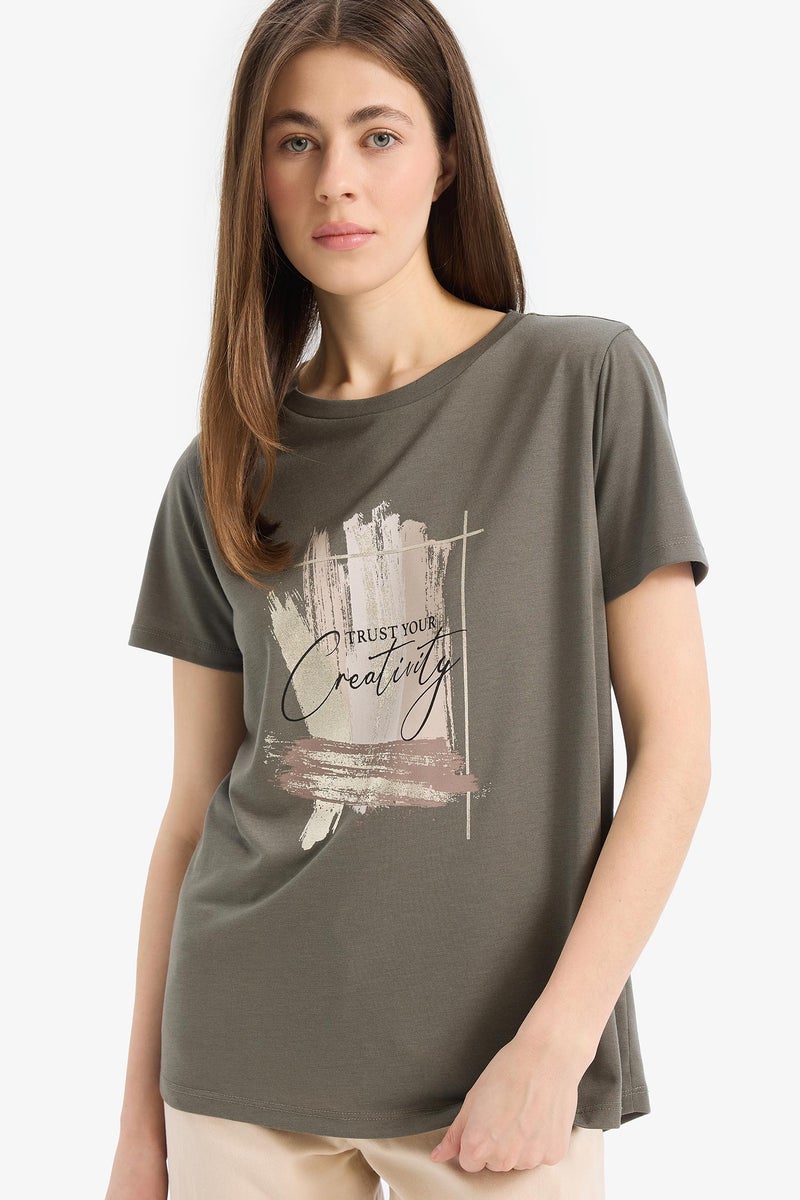 DeFacto Woman Relax Fit Crew Neck Printed Short Sleeve T-Shirt  - Image 1