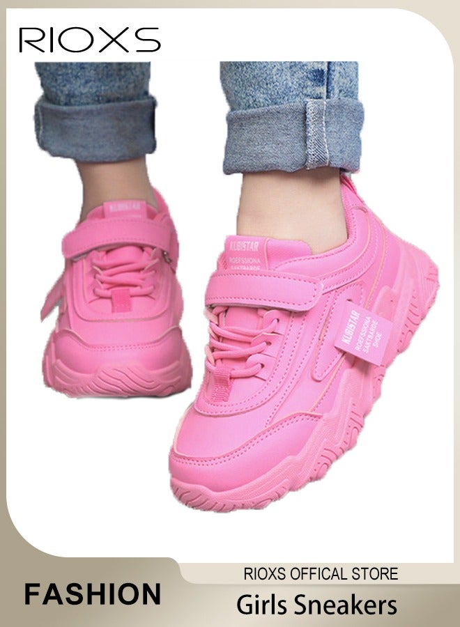 RIOXS Toddler Kids Girls Sneakers Breathable Lightweight Running Sports Shoes with Leather Upper Easy to Wipe Fashion Athletic Casual Shoes for School Casual Wear - Image 1