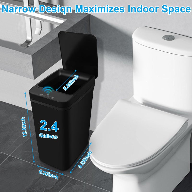 QSFWCSM 2 Pack Bathroom Trash can,Smart Touchless Trash Can,Automatic Motion Sensor Trash Bin with Lid,2.4 Gallon Garbage Can, Kitchen, Bathroom, Office, Bedroom Trash can (Black+Black) - Image 2