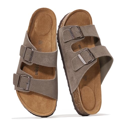 Project Cloud Genuine Leather Mens Sandals with Memory Foam Natural Cork Footbed Slides for Men Footwear - Non-Slip Double-Strap Buckle Summer Sandals (Arizona,TAUPSUEDE,8.5) - Image 1
