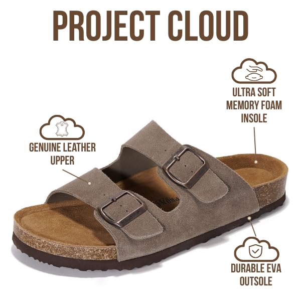 Project Cloud Genuine Leather Mens Sandals with Memory Foam Natural Cork Footbed Slides for Men Footwear - Non-Slip Double-Strap Buckle Summer Sandals (Arizona,TAUPSUEDE,8.5) - Image 2
