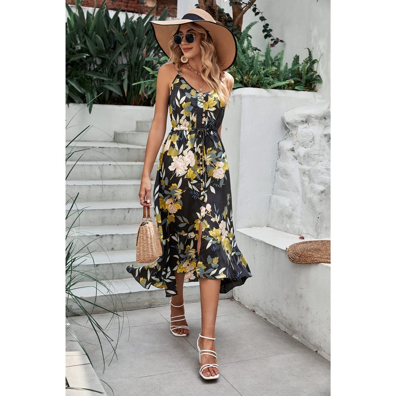 BROVAVE Women's 2025 Summer Casual Boho Sundress Polka Dot Spaghetti Strap V Neck Flowy Midi Dresses(008 Yellow Floral, Small) - Image 2