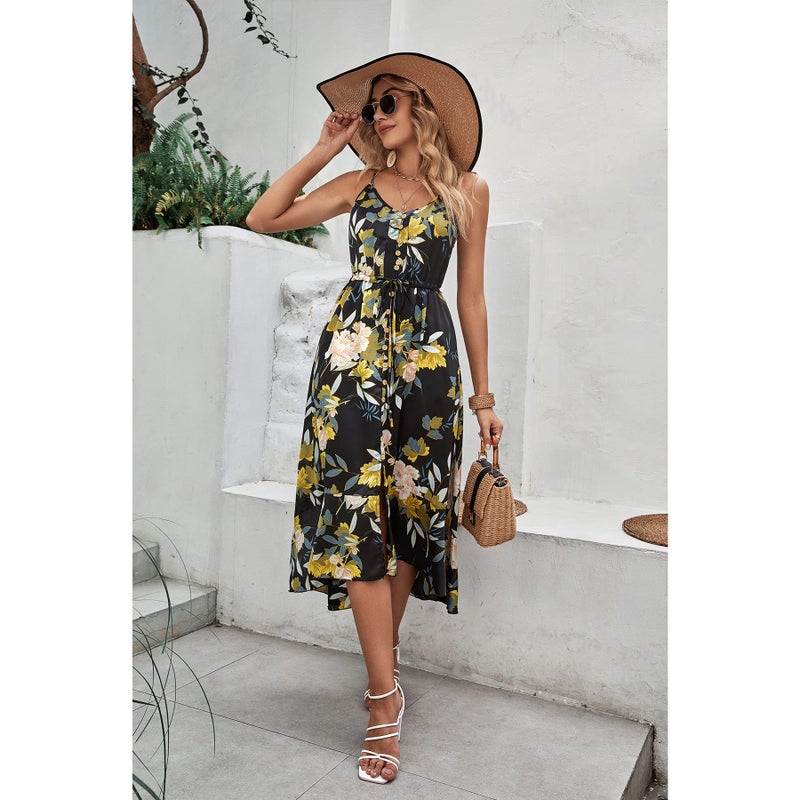 BROVAVE Women's 2025 Summer Casual Boho Sundress Polka Dot Spaghetti Strap V Neck Flowy Midi Dresses(008 Yellow Floral, Small) - Image 3
