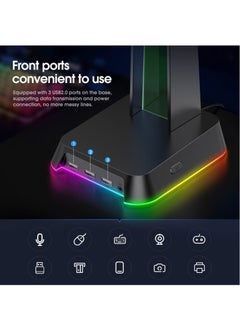 أونيكوما حامل سماعات RGB مع AUX مقاس 3.5 مم و 3 منافذ USB 2.0 ، علاقة حامل سماعة رأس للألعاب مع قاعدة مطاطية مانعة للانزلاق لسماعة الألعاب  - Image 4