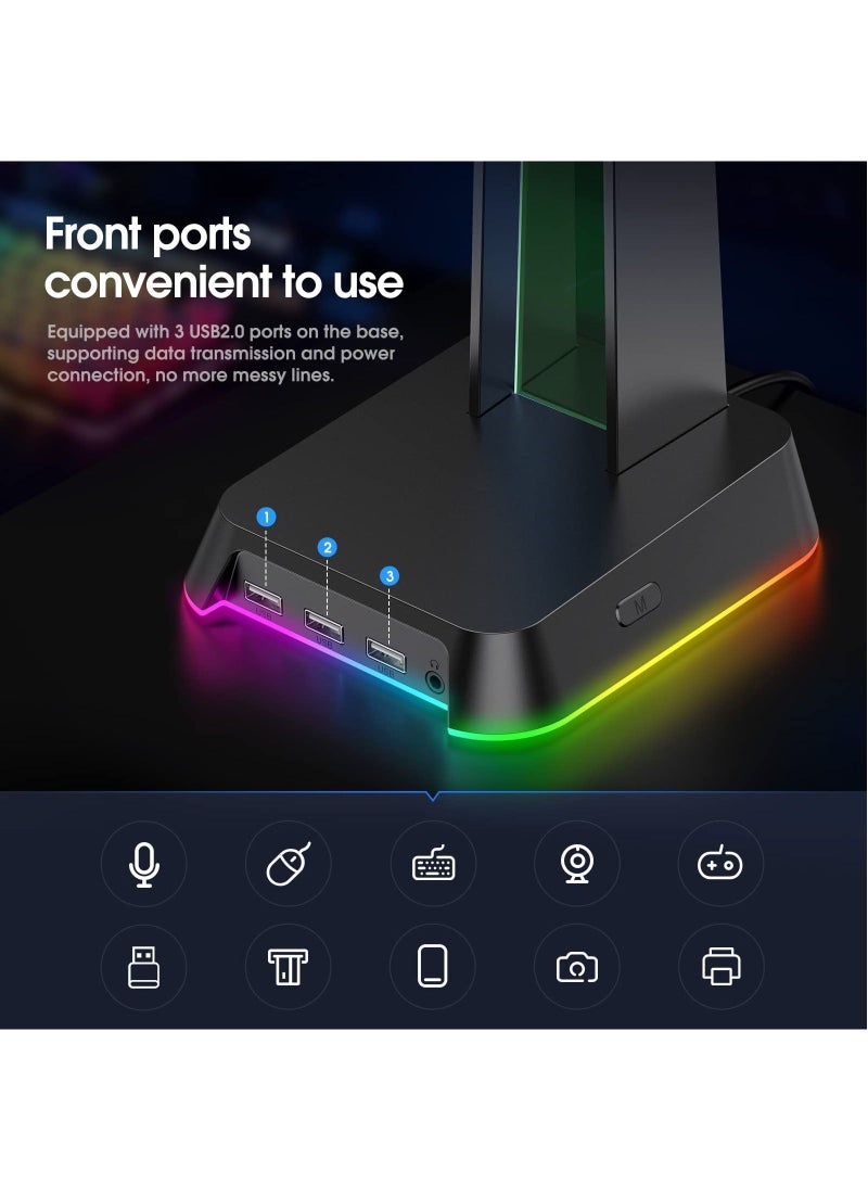 onikuma RGB Headphones Stand with 3.5mm AUX and 3 USB 2.0 Ports, Gaming Headset Holder Hanger with Non-Slip Rubber Base for Gaming Headset  - Image 4