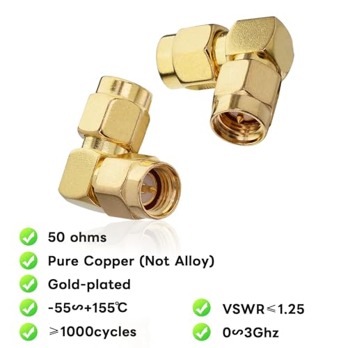 Boobrie SMA Coax Adapter SMA 90 Degree Connector SMA Male to SMA Male Right Angle Adapter Gold-Plated SMA Cable Adapter SMA Male Plug (Pin) Connector for WiFi/Two-Way Radio/FPV Drone etc Pack of 2 - Image 3
