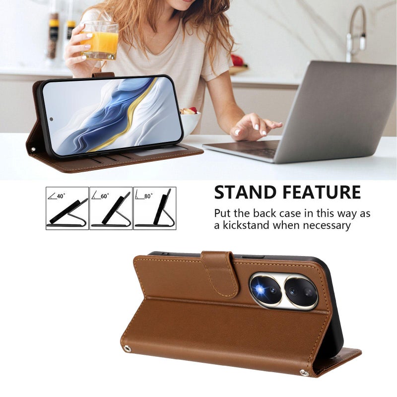 إيروريكس جراب هاتف من الجلد المنقوش على شكل قطة لهاتف Honor 90 مع حزام يد (بني) - Image 3