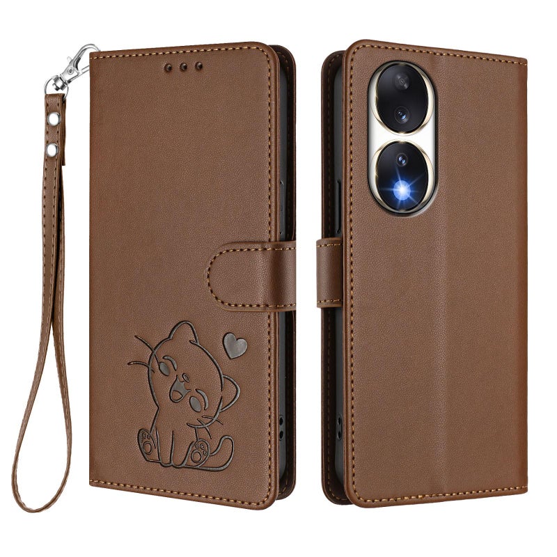 إيروريكس جراب هاتف من الجلد المنقوش على شكل قطة لهاتف Honor 90 مع حزام يد (بني) - Image 2