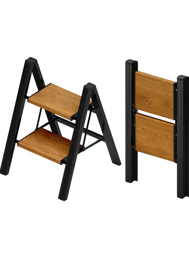 Taranta 2 Step Ladder,Aluminum Lightweight Folding 2 Step Stool with Anti-Slip Wide Pedal, 330lbs Capacity Step Ladder for Household,Kitchen,Office - BlackWoodgrain - Image 1