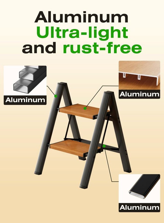 Taranta 2 Step Ladder,Aluminum Lightweight Folding 2 Step Stool with Anti-Slip Wide Pedal, 330lbs Capacity Step Ladder for Household,Kitchen,Office - BlackWoodgrain - Image 3