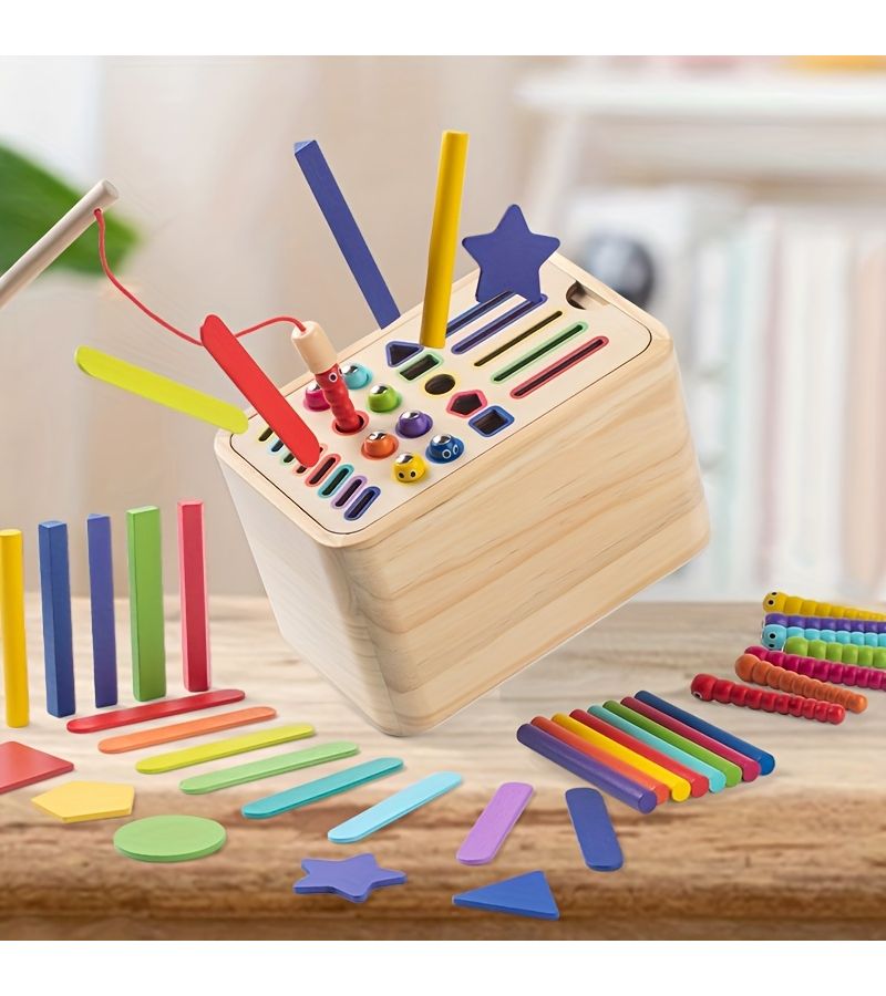 صندوق فرز الألوان الخشبي لعبة متعددة الوظائف لمطابقة المربعات مع قطع عصا مطورة - Image 1