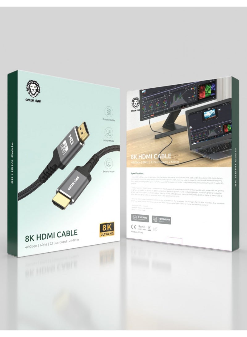 GREEN LION 8K HDMI Cable / 48Gbps High Bandwidth Supports / 60hz / 7.1 Surround / 2 Meter Length / Aluminum Shell & Braided Cable / Mirror Mode / Extend Mode - Black - Image 4