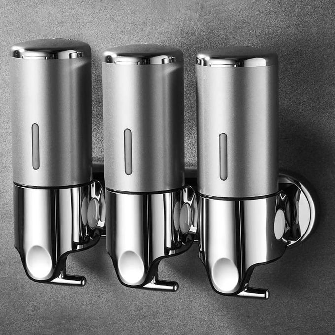 NODRILL 3 PACK 500ML WALL MOUNTED SOAP DISPENSER FOR BATHROOM AND KITCHEN SHAMPOO AND CONDITIONER DISPENSER DRILL FREE WITH ADHESIVEROUNDSILVE