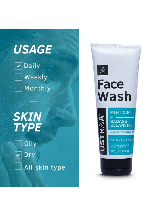 Ustraa Face Wash Mint Cool For Dry To Normal Skin 200G | Reduces Moisture Loss | Removes Dirt & De Tan Face Scrub For Men, 100G | Effective Tan Removal | With Walnut Granules | No Sls - Image 2