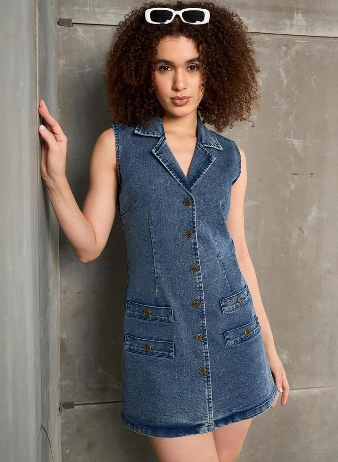 SASSAFRAS Sassafras Women Blue Washed Denim Notch Collar Sheath Mini Dress