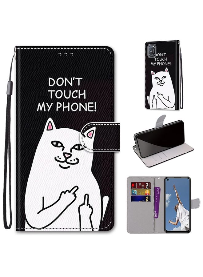 Case Cover For OPPO A52 / A92 / A72 Coloured Drawing Cross Texture Horizontal Flip PU Leather Case with Holder & Card Slots & Wallet & Lanyard Middle Finger White Cat