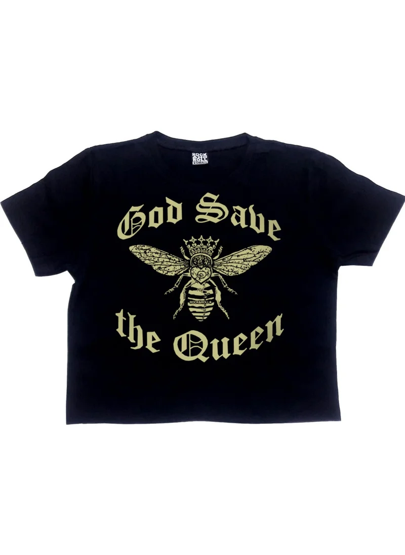 Rock&Roll Queen Bee Black Short Crop Top Women's T-Shirt