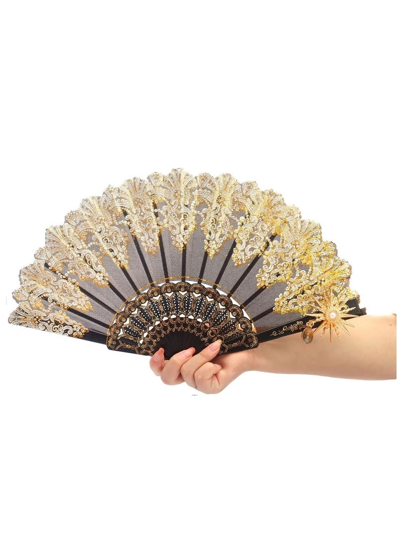 Lace Folding Fan Elegant Vintage Handheld Chinese Style Fans Bridal Hand Women Festival Gift Performance Home Decorative Accessories (Black) - Image 3