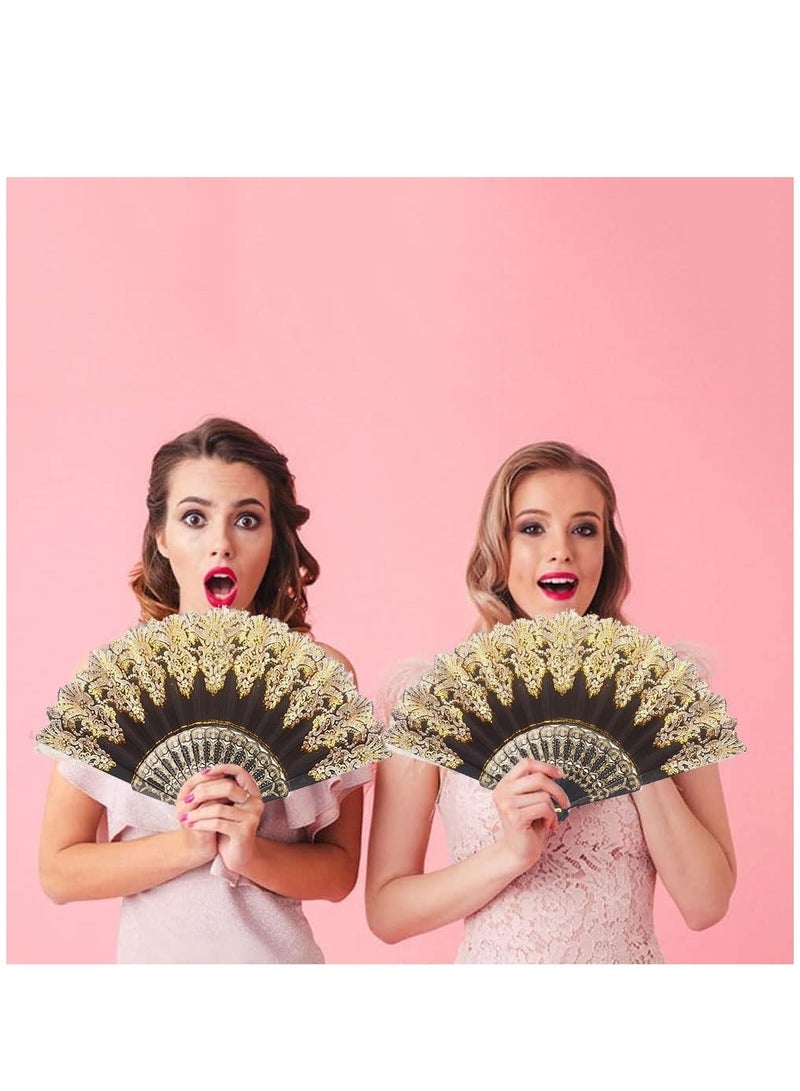 Lace Folding Fan Elegant Vintage Handheld Chinese Style Fans Bridal Hand Women Festival Gift Performance Home Decorative Accessories (Black) - Image 2