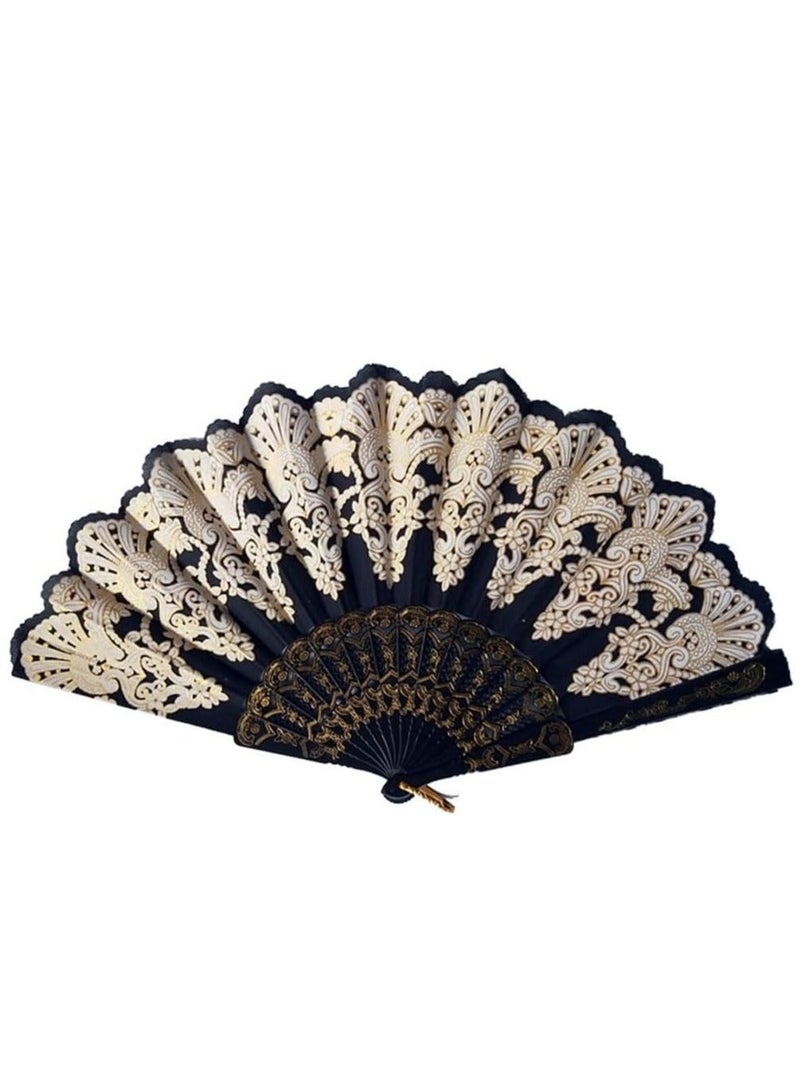 Lace Folding Fan Elegant Vintage Handheld Chinese Style Fans Bridal Hand Women Festival Gift Performance Home Decorative Accessories (Black) - Image 1