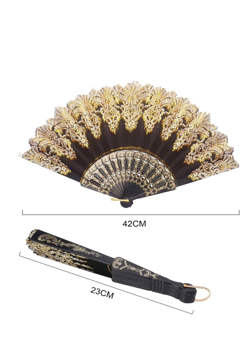 Lace Folding Fan Elegant Vintage Handheld Chinese Style Fans Bridal Hand Women Festival Gift Performance Home Decorative Accessories (Black) - Image 4