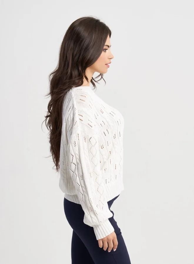 HaILYS White Knitted Sweater with Openwork Design