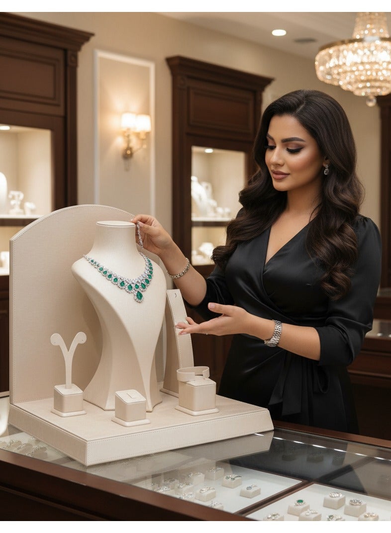 AL SERAJ JEWELLERY BOX LLC Jewelry Display Stand 5 Piece Set Made in UAE | Luxury Beige Rexine Leather Organizer Holder for Necklace Ring Earring Bracelet Bangle | Premium Showcase for Shop Exhibition Photography Home - Image 2