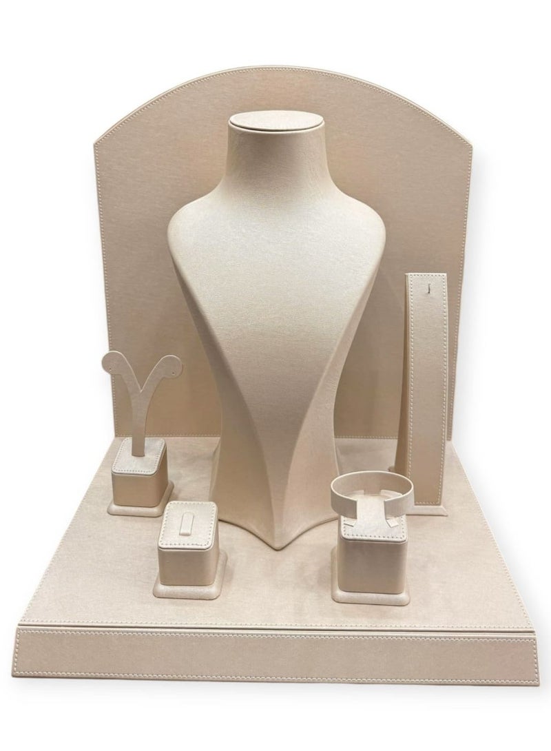 AL SERAJ JEWELLERY BOX LLC Jewelry Display Stand 5 Piece Set Made in UAE | Luxury Beige Rexine Leather Organizer Holder for Necklace Ring Earring Bracelet Bangle | Premium Showcase for Shop Exhibition Photography Home - Image 1