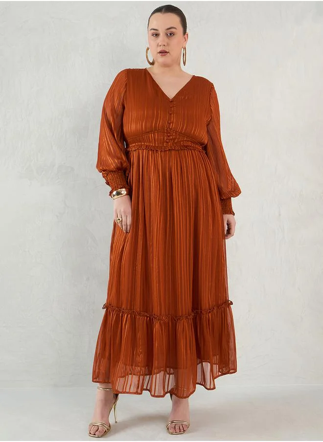 Femmella Plus Size Self Design Lurex V Neck A-Line Maxi Dress by Styli