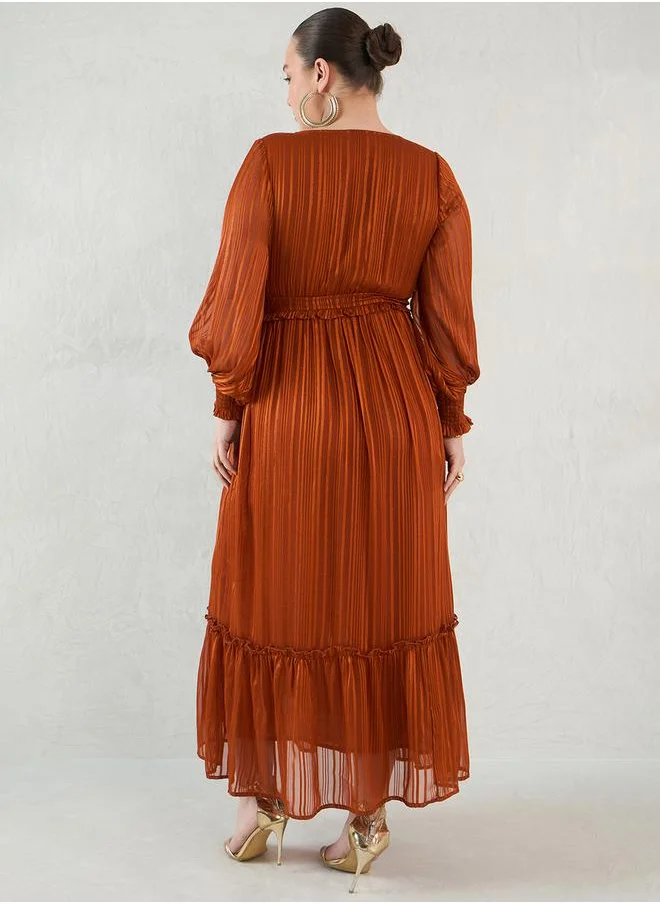 Femmella Plus Size Self Design Lurex V Neck A-Line Maxi Dress by Styli