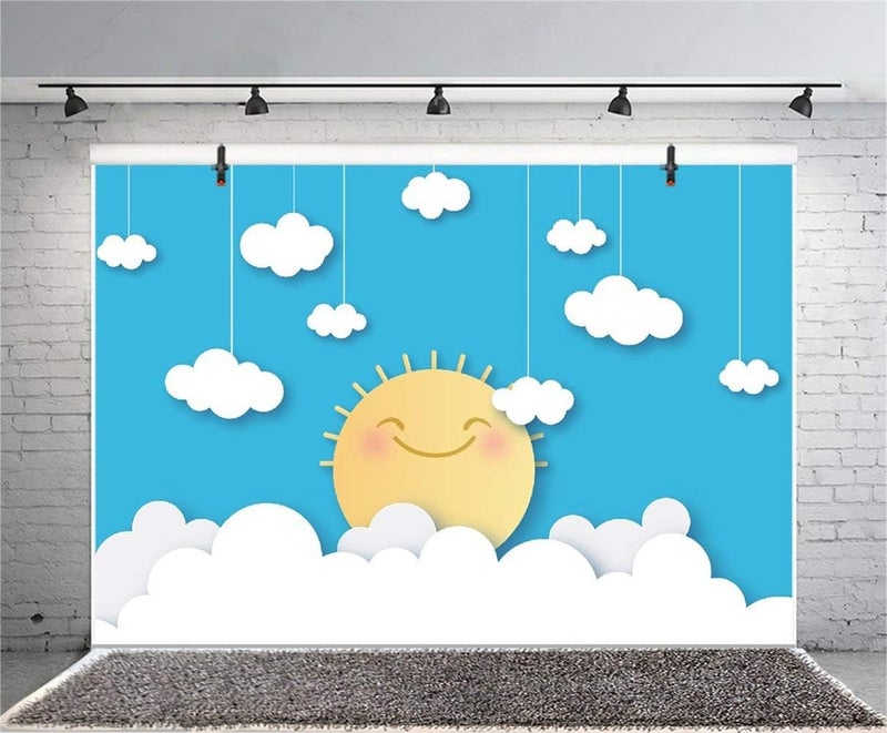 Laeacco Baby Photo Backdrops 7x5ft Vinyl Photography Background Cartoon Cute Smiling Sun Hanging Clouds Blue Sky Kids Baby Shoot Newborn Baby Birthday Party Decoration Cake Smash Kids Room Decoration - Image 2