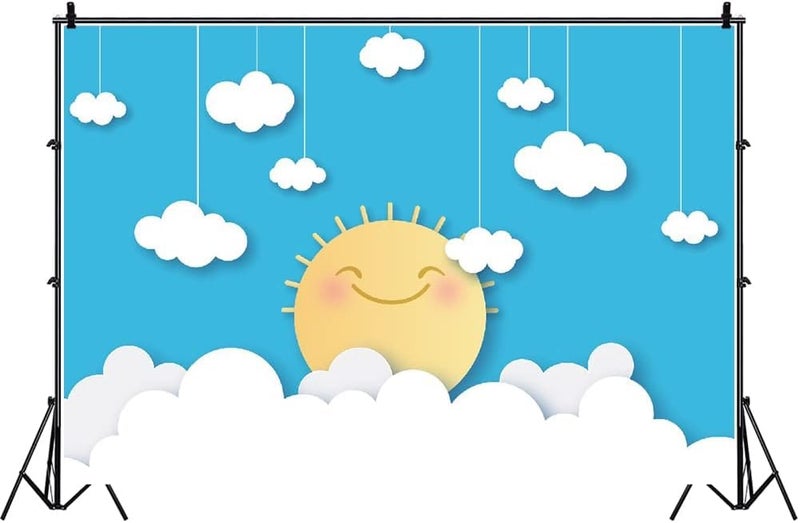 Laeacco Baby Photo Backdrops 7x5ft Vinyl Photography Background Cartoon Cute Smiling Sun Hanging Clouds Blue Sky Kids Baby Shoot Newborn Baby Birthday Party Decoration Cake Smash Kids Room Decoration - Image 1