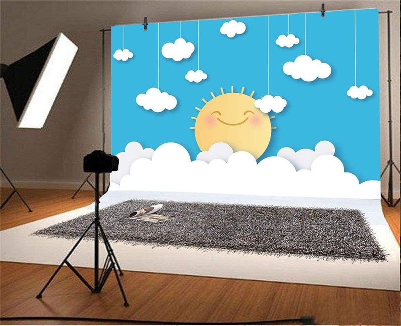 Laeacco Baby Photo Backdrops 7x5ft Vinyl Photography Background Cartoon Cute Smiling Sun Hanging Clouds Blue Sky Kids Baby Shoot Newborn Baby Birthday Party Decoration Cake Smash Kids Room Decoration - Image 3