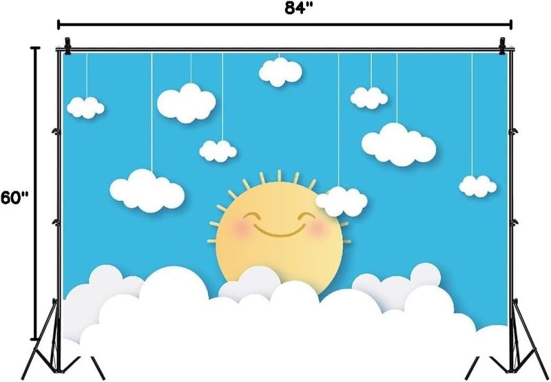 Laeacco Baby Photo Backdrops 7x5ft Vinyl Photography Background Cartoon Cute Smiling Sun Hanging Clouds Blue Sky Kids Baby Shoot Newborn Baby Birthday Party Decoration Cake Smash Kids Room Decoration - Image 5