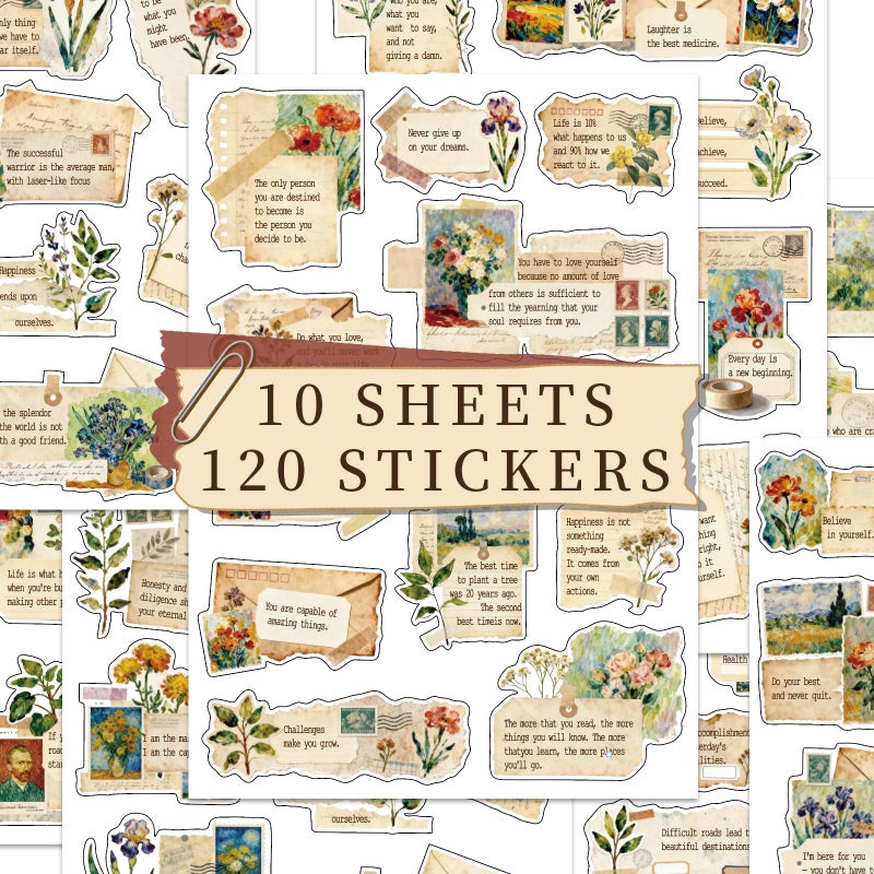 Gemmapylor 120pcs Motivational Quote Stickers, Vintage Botanical Journaling Stickers, Inspirational Famous Words for Scrapbooking, Antique Style - Image 1