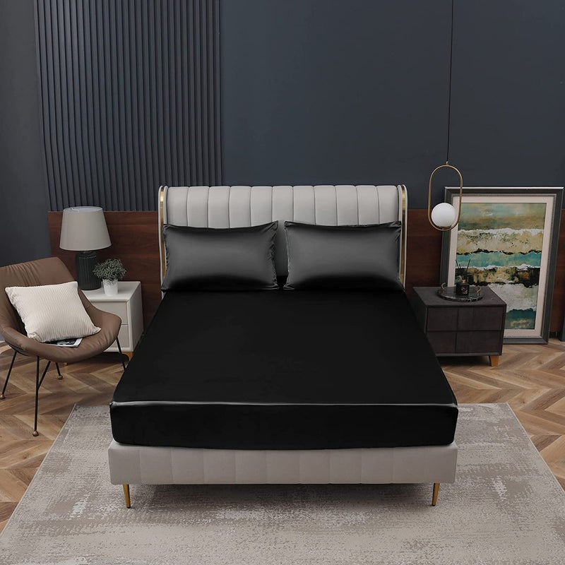 Homiest Black Satin Fitted Twin XL Size Deep Pocket Luxury & Ultra Soft Bedding Single Bottom Bed Sheets - Image 2