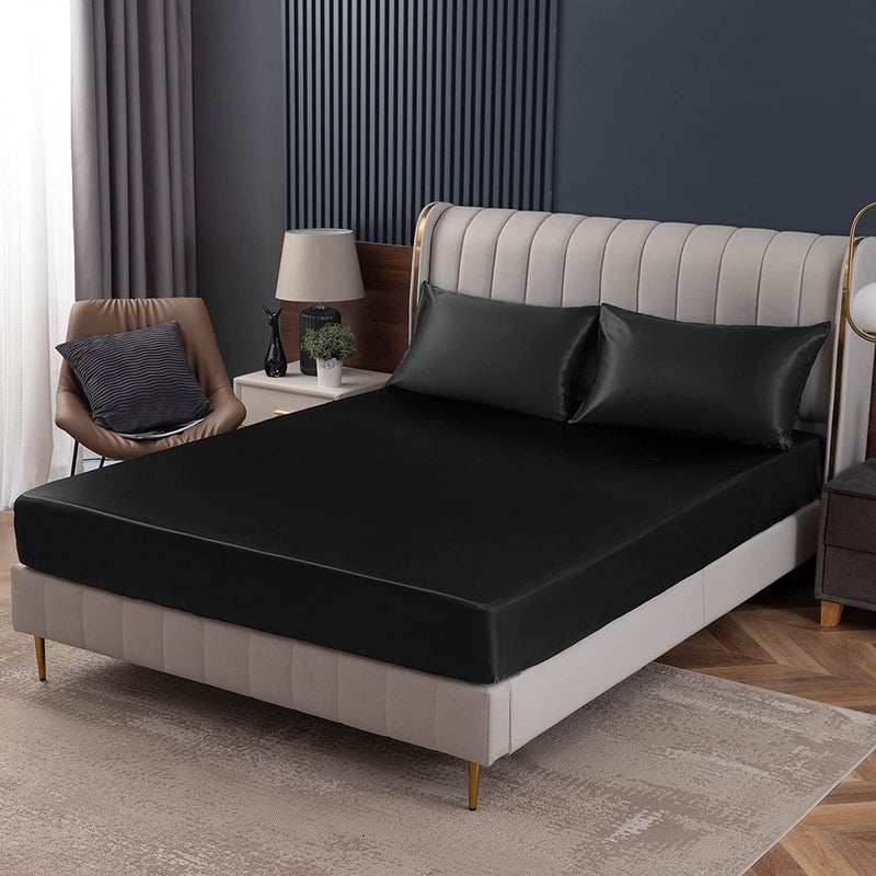 Homiest Black Satin Fitted Twin XL Size Deep Pocket Luxury & Ultra Soft Bedding Single Bottom Bed Sheets - Image 1