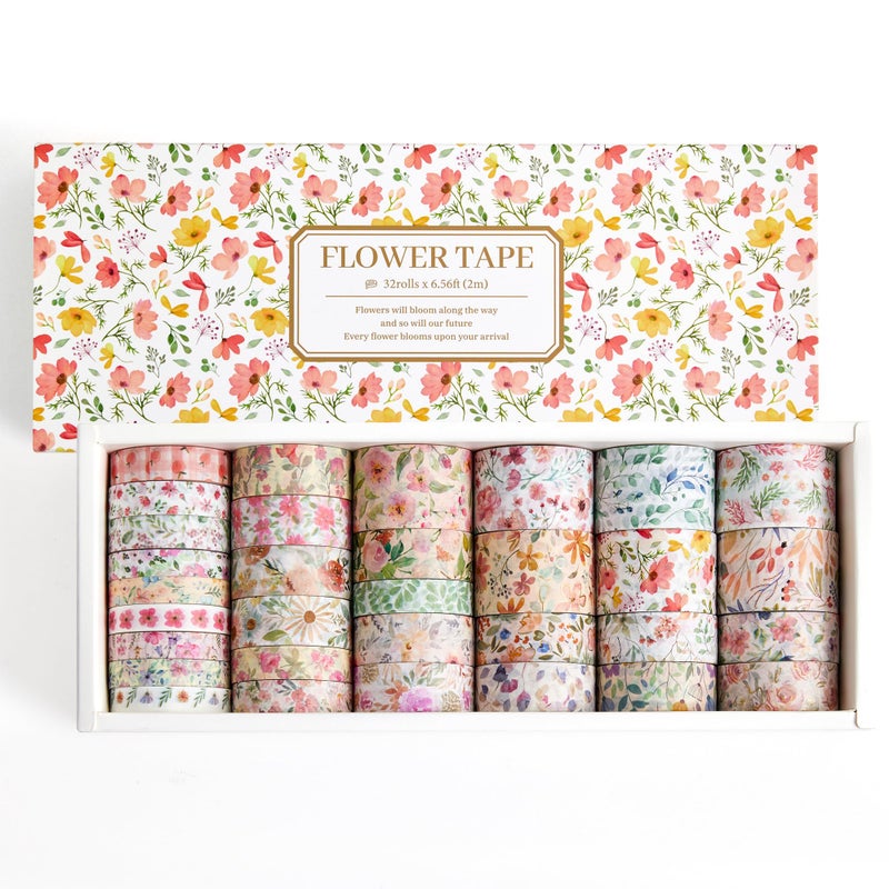 PAGEMORE 32 Rolls Washi Tape Set, Colored Floral Decorative Masking Tape, Artists Tapes for Journaling, Junk Journal, DIY Craft Projects, Scrapbooking Supplies Decor - Image 1