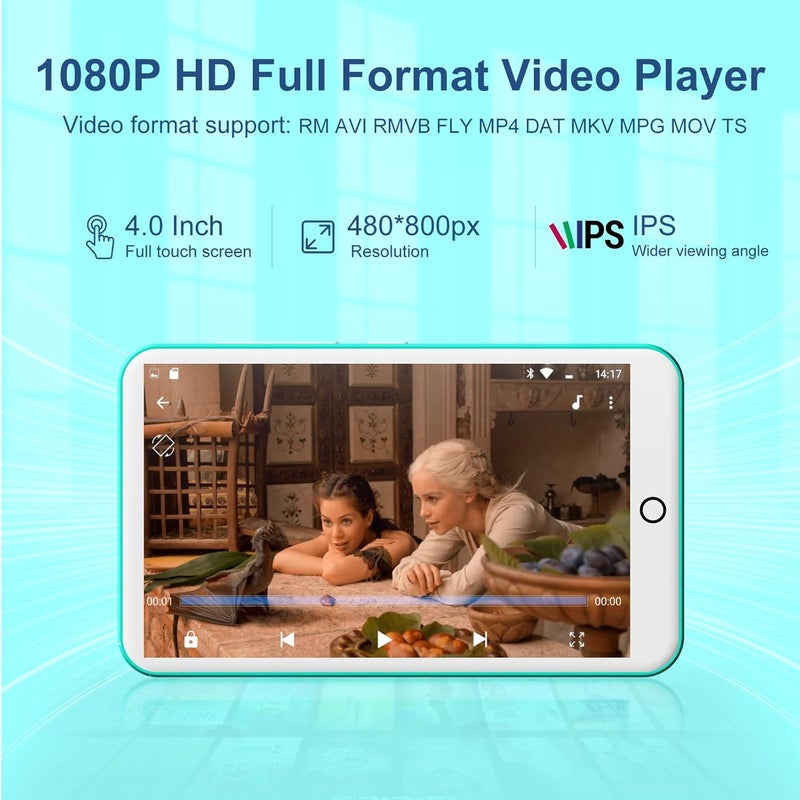 مشغل MP3 بسعة 80 جيجابايت مع بلوتوث وواي فاي، شاشة لمس IPS مقاس 4.0 بوصة، مشغل موسيقى أندرويد مزود بمكبر صوت مدمج، يدعم سبوتيفاي، أمازون ميوزيك، ديزر، أوديبل، راديو FM، قابل للتوسيع حتى 512 جيجابايت (فيروزي) - Image 4