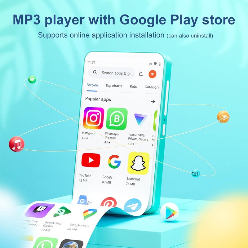 مشغل MP3 بسعة 80 جيجابايت مع بلوتوث وواي فاي، شاشة لمس IPS مقاس 4.0 بوصة، مشغل موسيقى أندرويد مزود بمكبر صوت مدمج، يدعم سبوتيفاي، أمازون ميوزيك، ديزر، أوديبل، راديو FM، قابل للتوسيع حتى 512 جيجابايت (فيروزي) - Image 2